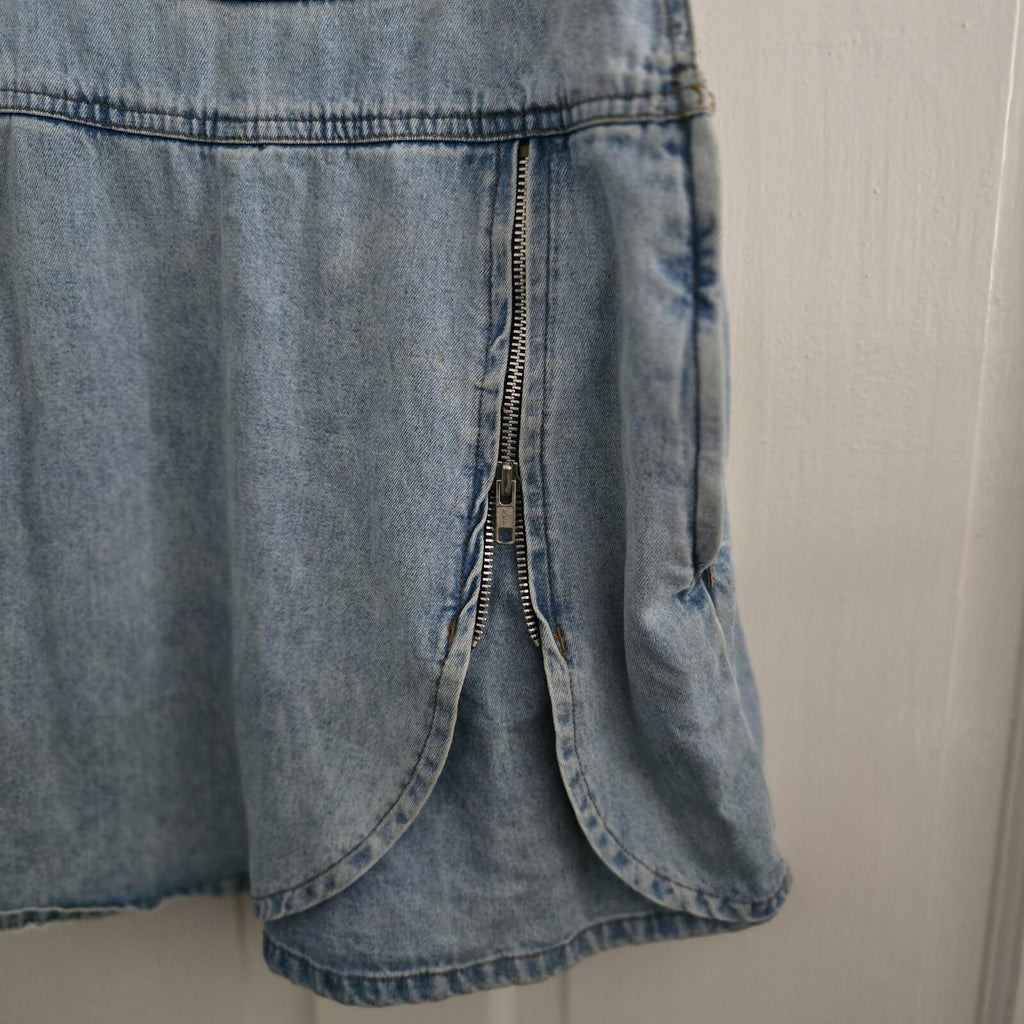 Light Wash Denim Pinafore Dungaree Skort Dress with Zip Detail, size S, Zandi