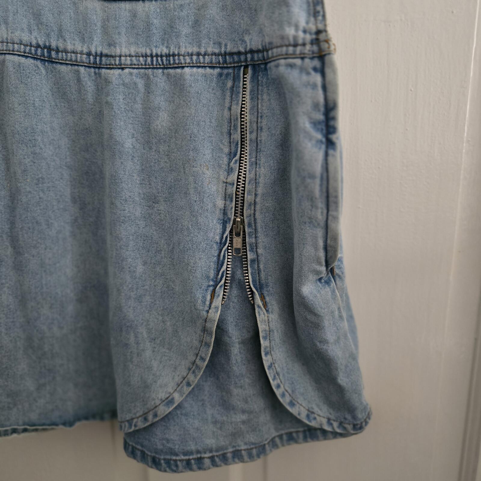 Light Wash Denim Pinafore Dungaree Skort Dress with Zip Detail, size S, Zandi