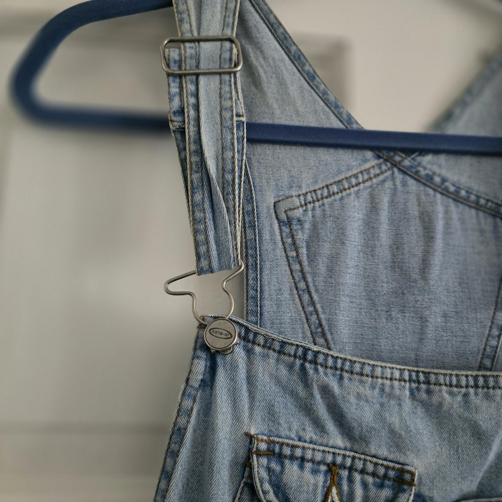 Light Wash Denim Pinafore Dungaree Skort Dress with Zip Detail, size S, Zandi