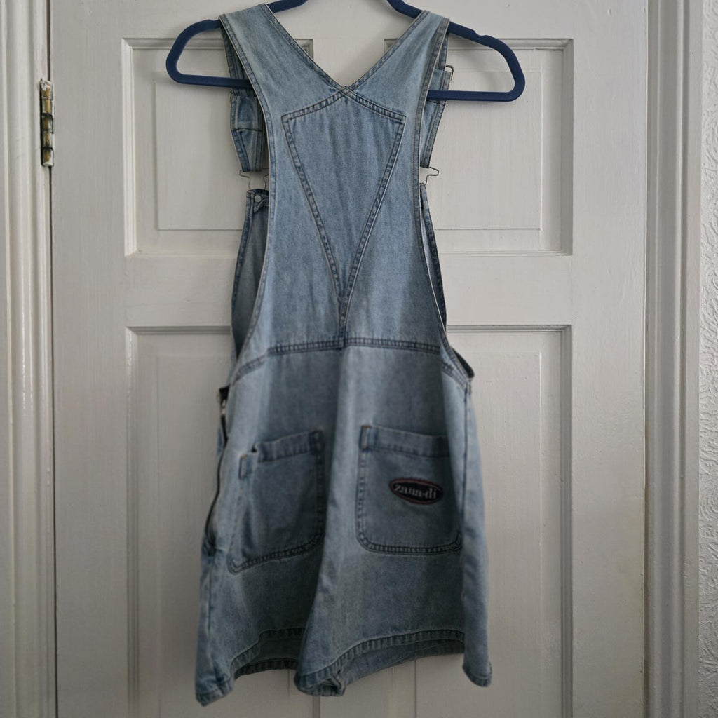 Light Wash Denim Pinafore Dungaree Skort Dress with Zip Detail, size S, Zandi
