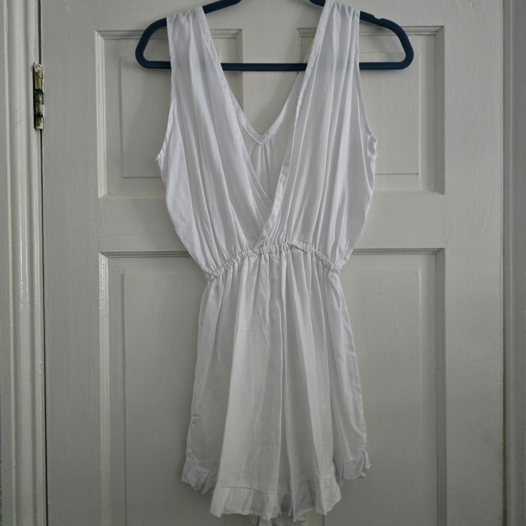 White Sleeveless Deep V Romper Playsuit, size S