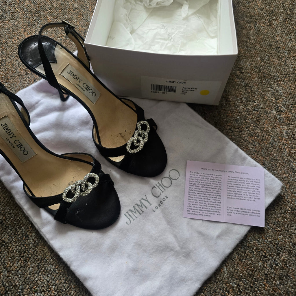 Jimmy Choo Black Satin Slingback Heels with Crystal Embellishments Size 37.5