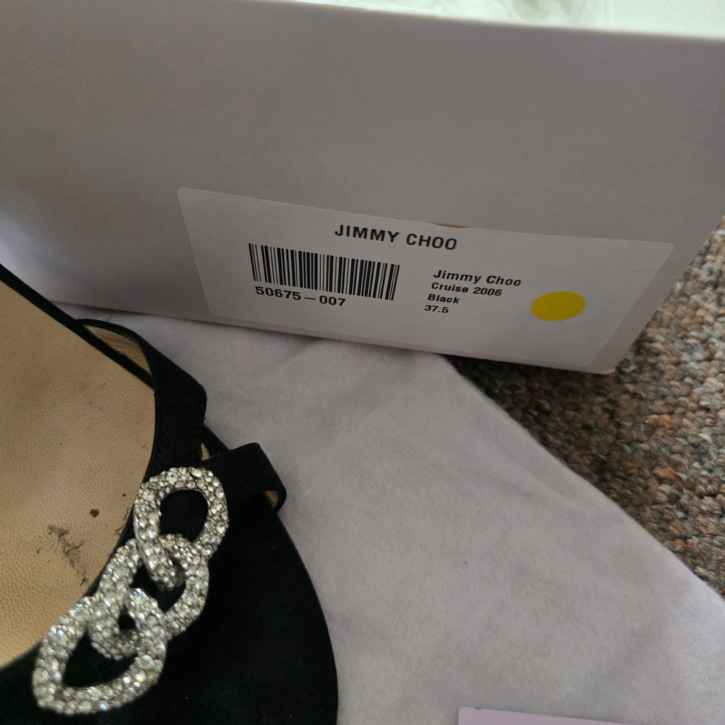 Jimmy Choo Black Satin Slingback Heels with Crystal Embellishments Size 37.5