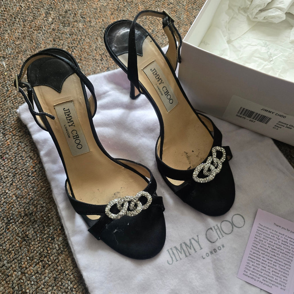 Jimmy Choo Black Satin Slingback Heels with Crystal Embellishments Size 37.5