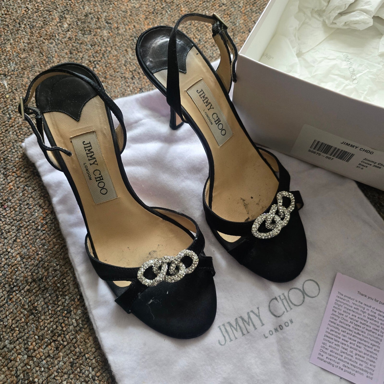 Jimmy Choo Black Satin Slingback Heels with Crystal Embellishments Size 37.5