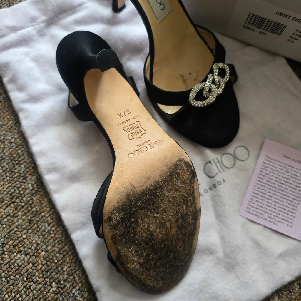 Jimmy Choo Black Satin Slingback Heels with Crystal Embellishments Size 37.5