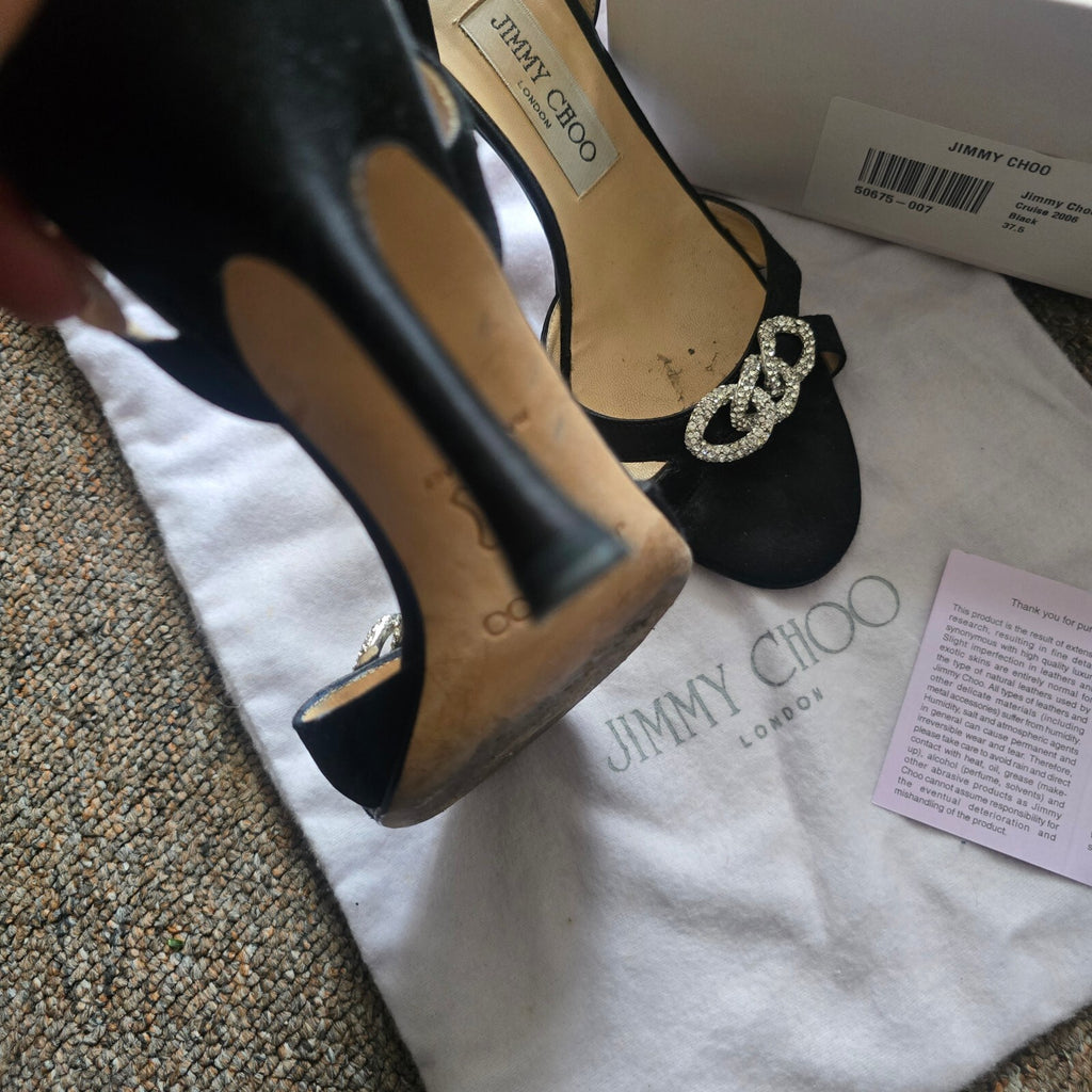 Jimmy Choo Black Satin Slingback Heels with Crystal Embellishments Size 37.5