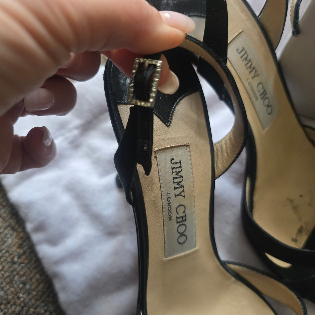 Jimmy Choo Black Satin Slingback Heels with Crystal Embellishments Size 37.5
