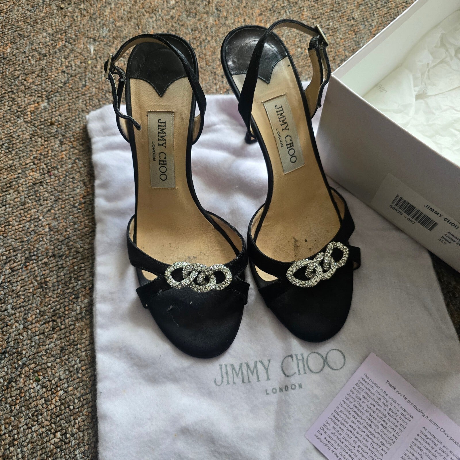 Jimmy Choo Black Satin Slingback Heels with Crystal Embellishments Size 37.5