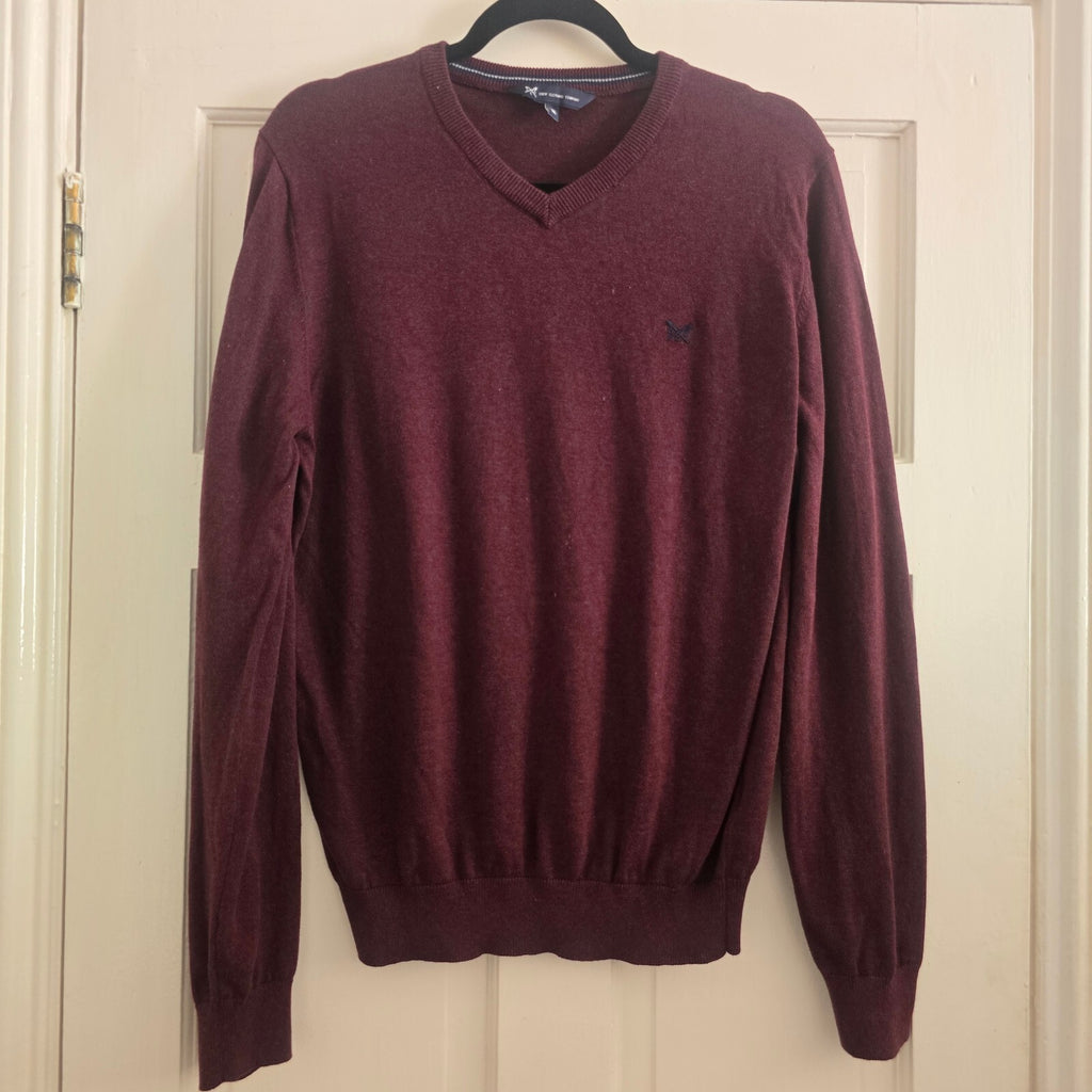 Crew Clothing Company Men's Burgundy V-Neck Cotton Jumper Sweater Medium