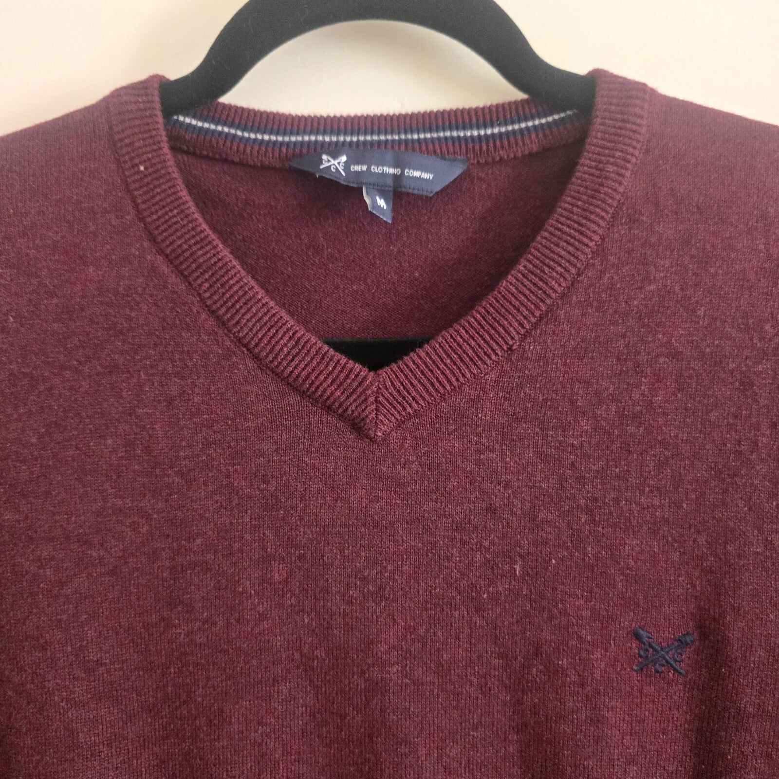 Crew Clothing Company Men's Burgundy V-Neck Cotton Jumper Sweater Medium