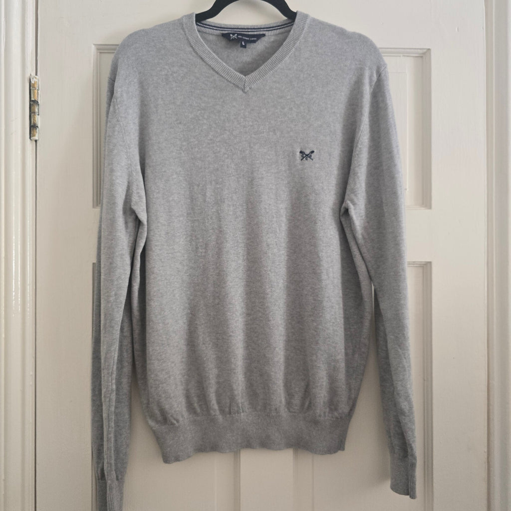 Crew Clothing Company Men's Grey V-Neck Cotton Sweater Jumper Size L