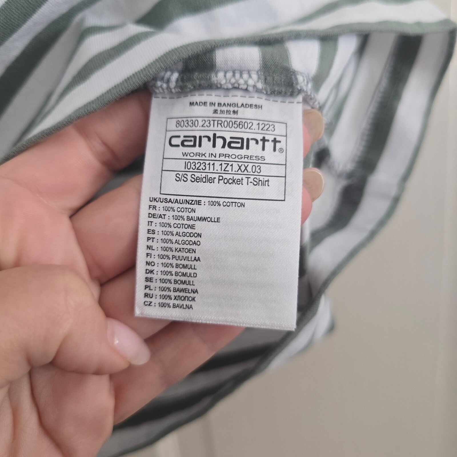 Carhartt Work In Progress S/S Seidler Pocket T-Shirt in Green and White Stripes,