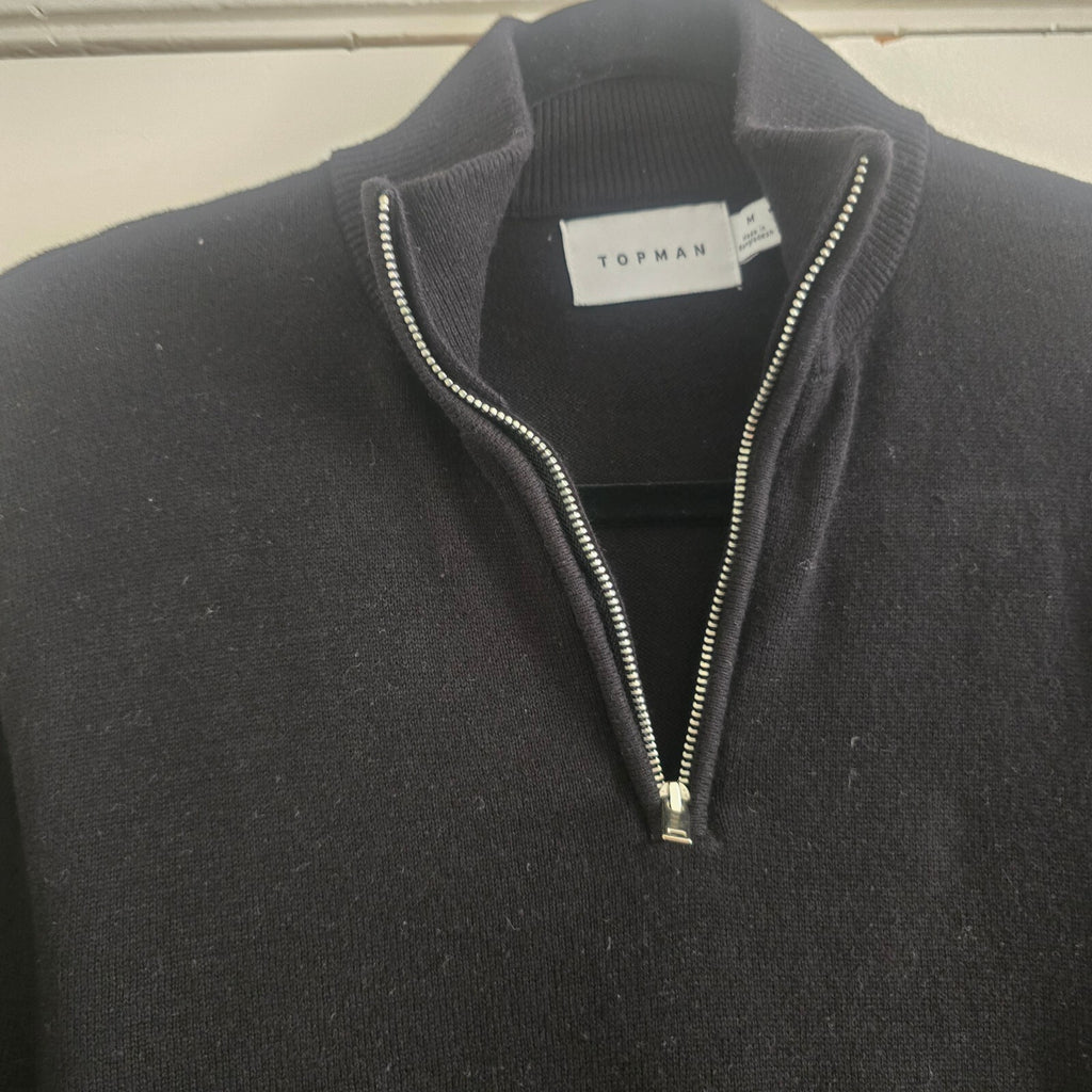 Topman Black Cotton Half-Zip Pullover Jumper Sweater Medium