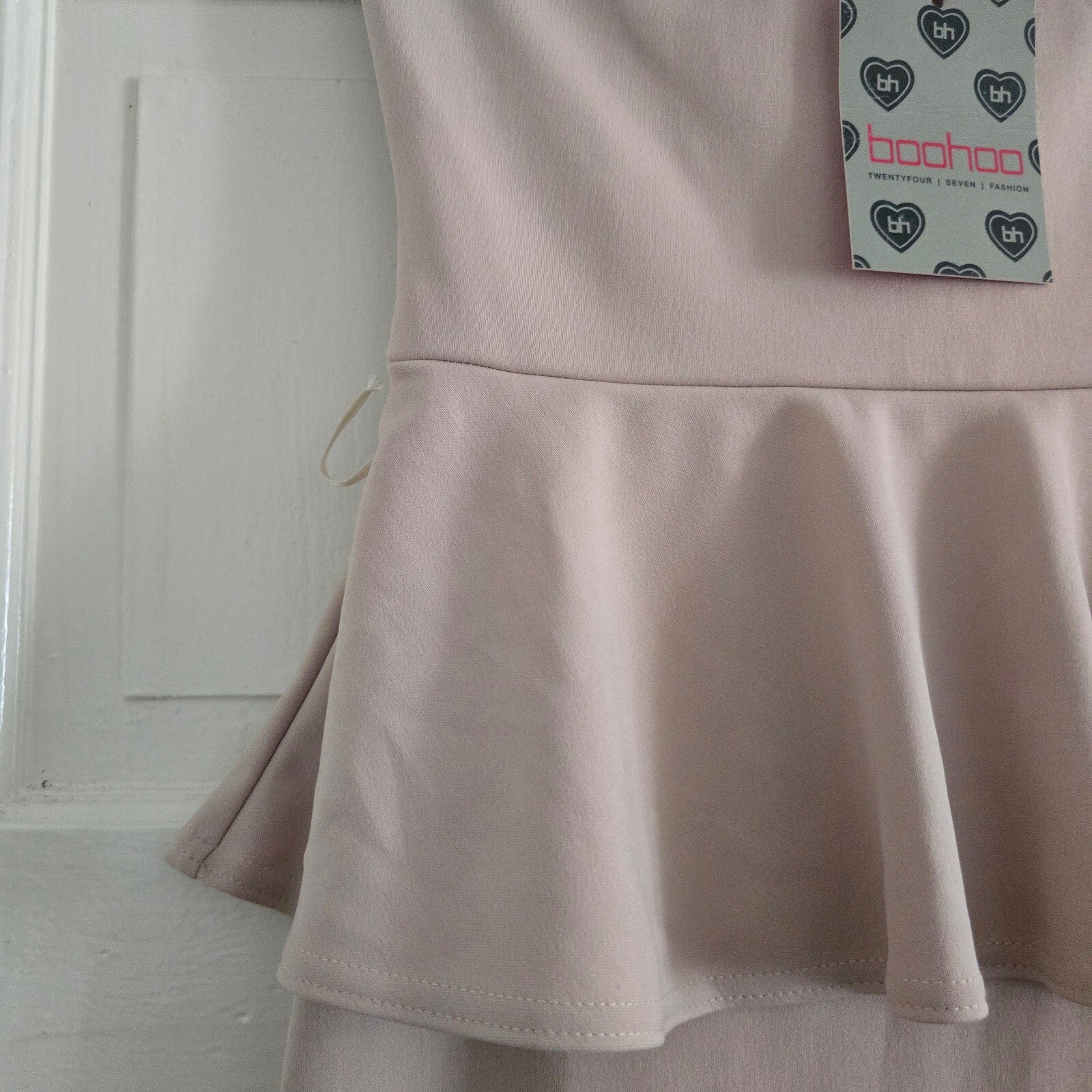 Boohoo BNWT Faye Bandeau Belted Peplum Midi Dress in Stone, UK Size 10