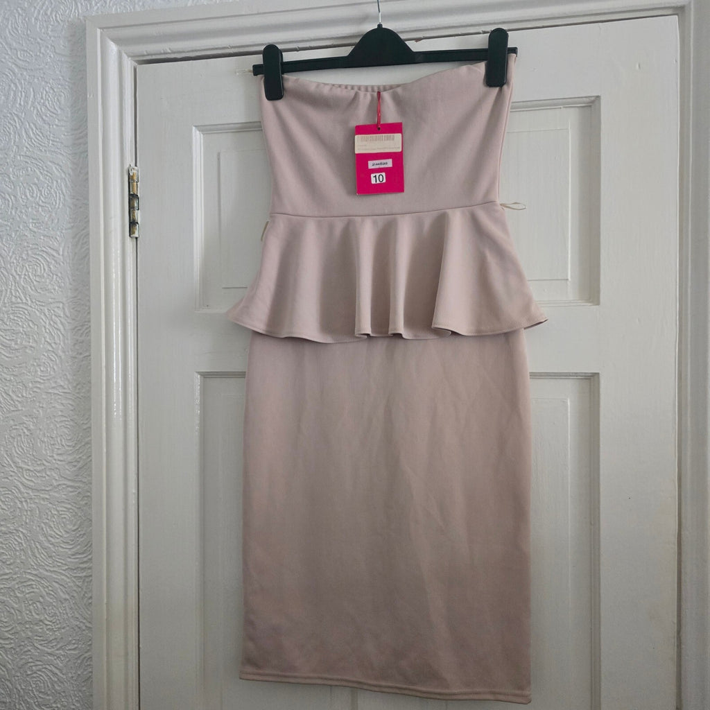 Boohoo BNWT Faye Bandeau Belted Peplum Midi Dress in Stone, UK Size 10