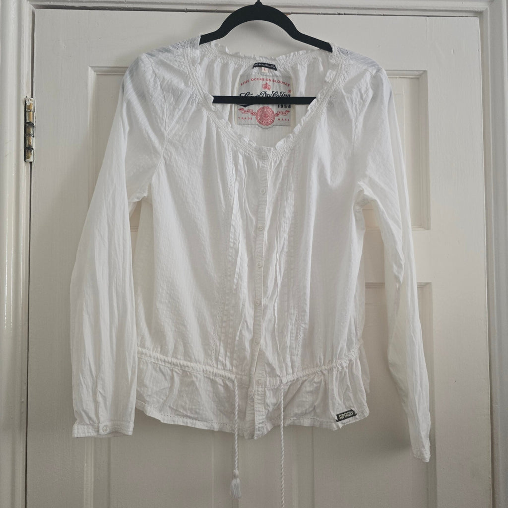 Superdry White Cotton Long Sleeve Blouse with Drawstring Waist, button front L
