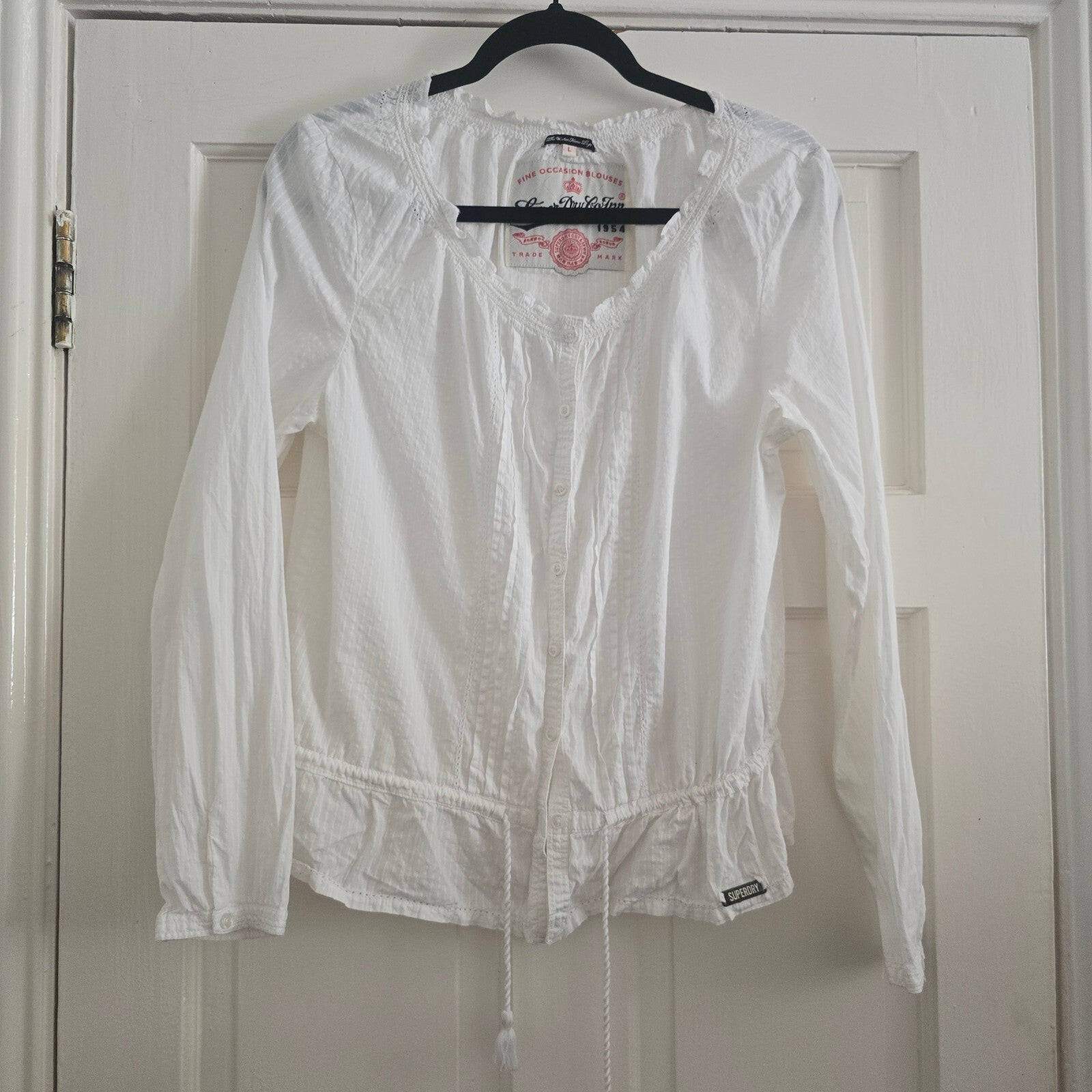 Superdry White Cotton Long Sleeve Blouse with Drawstring Waist, button front L