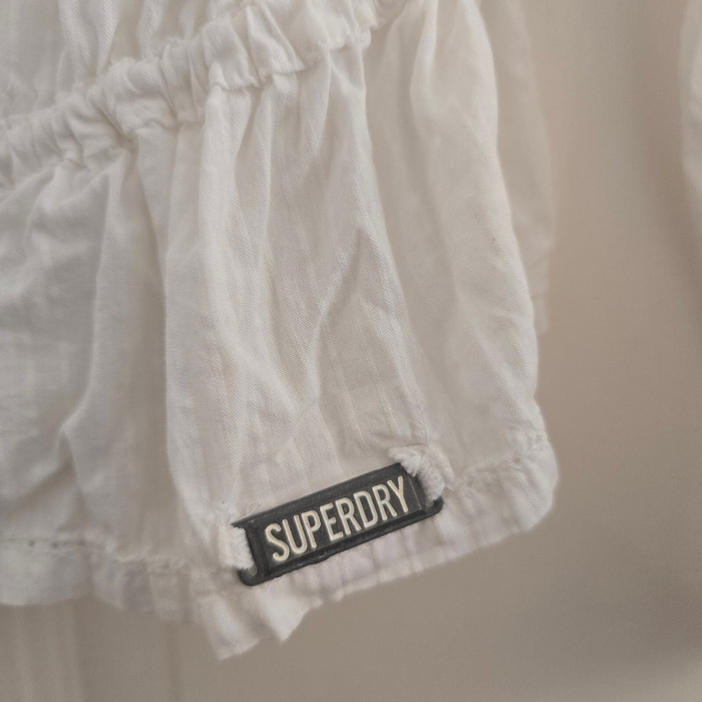 Superdry White Cotton Long Sleeve Blouse with Drawstring Waist, button front L