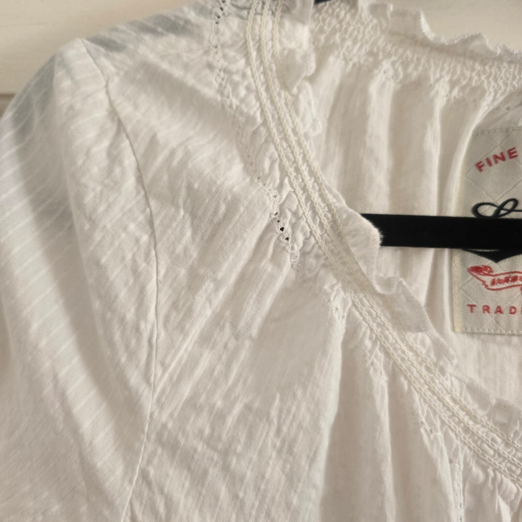Superdry White Cotton Long Sleeve Blouse with Drawstring Waist, button front L