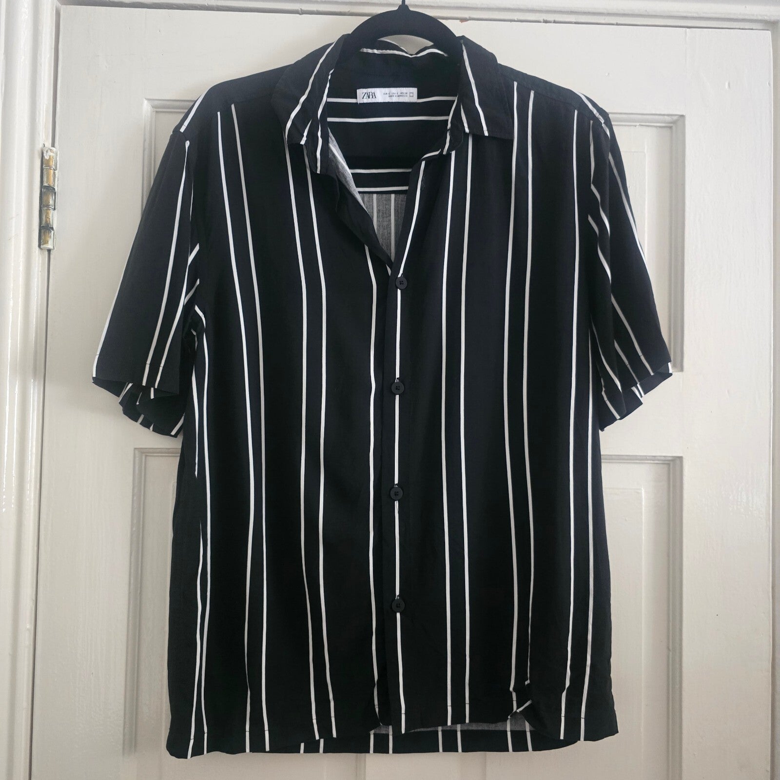 Zara Mens Black and White Vertical Stripe Short Sleeve Shirt Size S