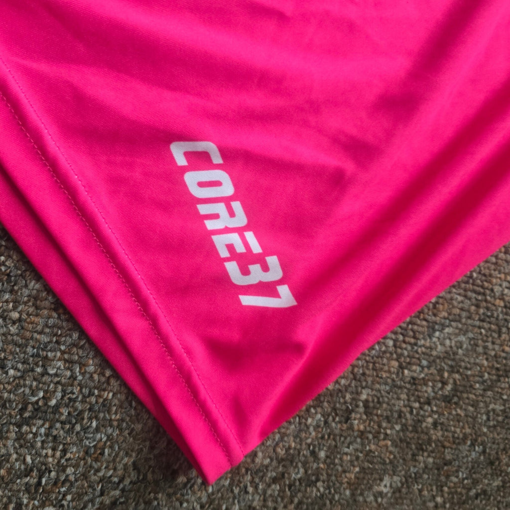 Core37 Pink Athletic Shorts Size 36" with Yellow Trumpet Logo, sportswear, Mens