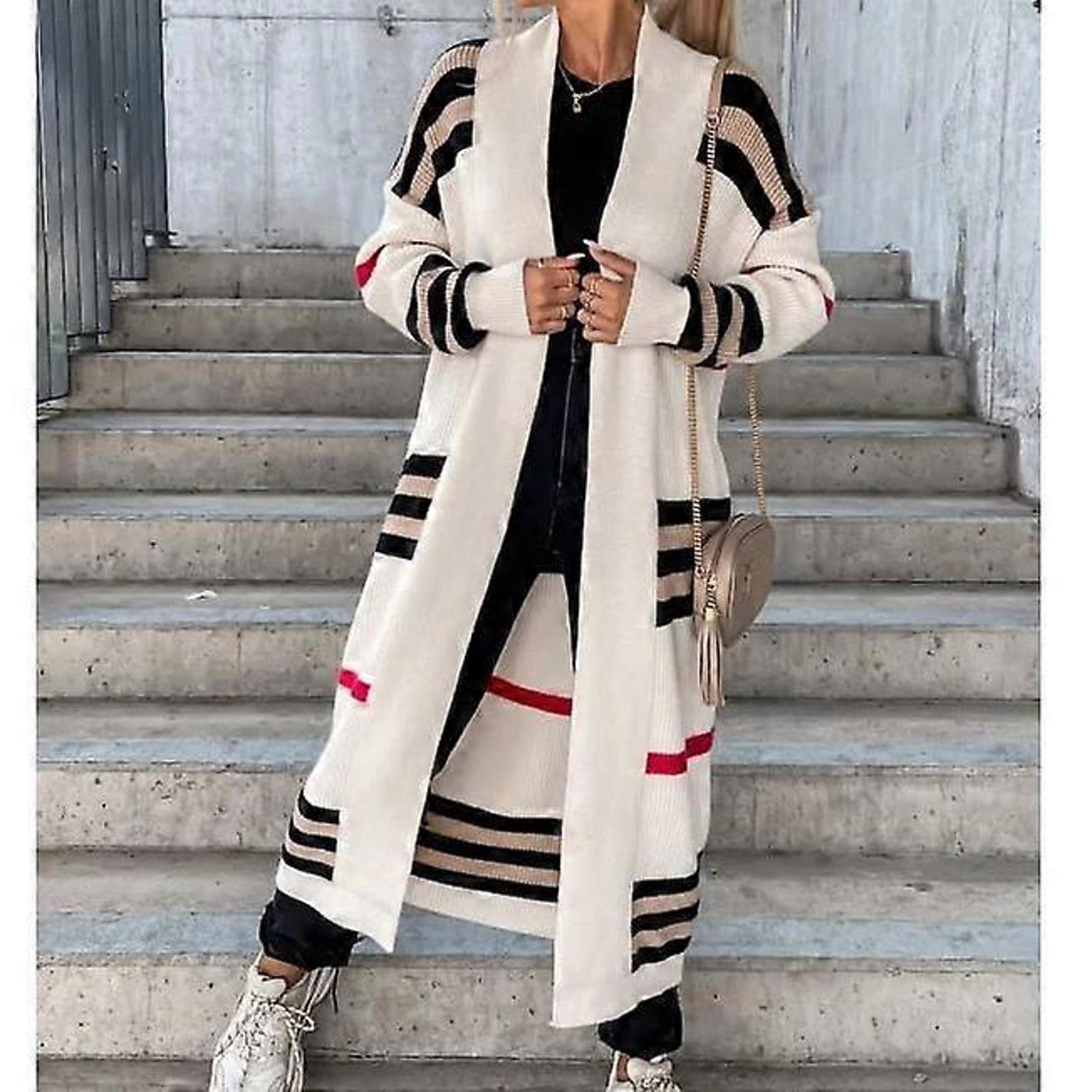 Designer Style Geometric Longline Knit Cardigan Open Front, One Size