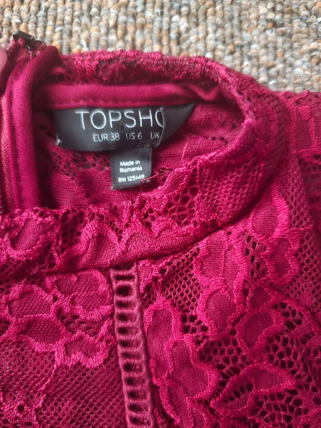 Topshop burgundy sleeveless lace mini dress with high neck, size 10, wedding