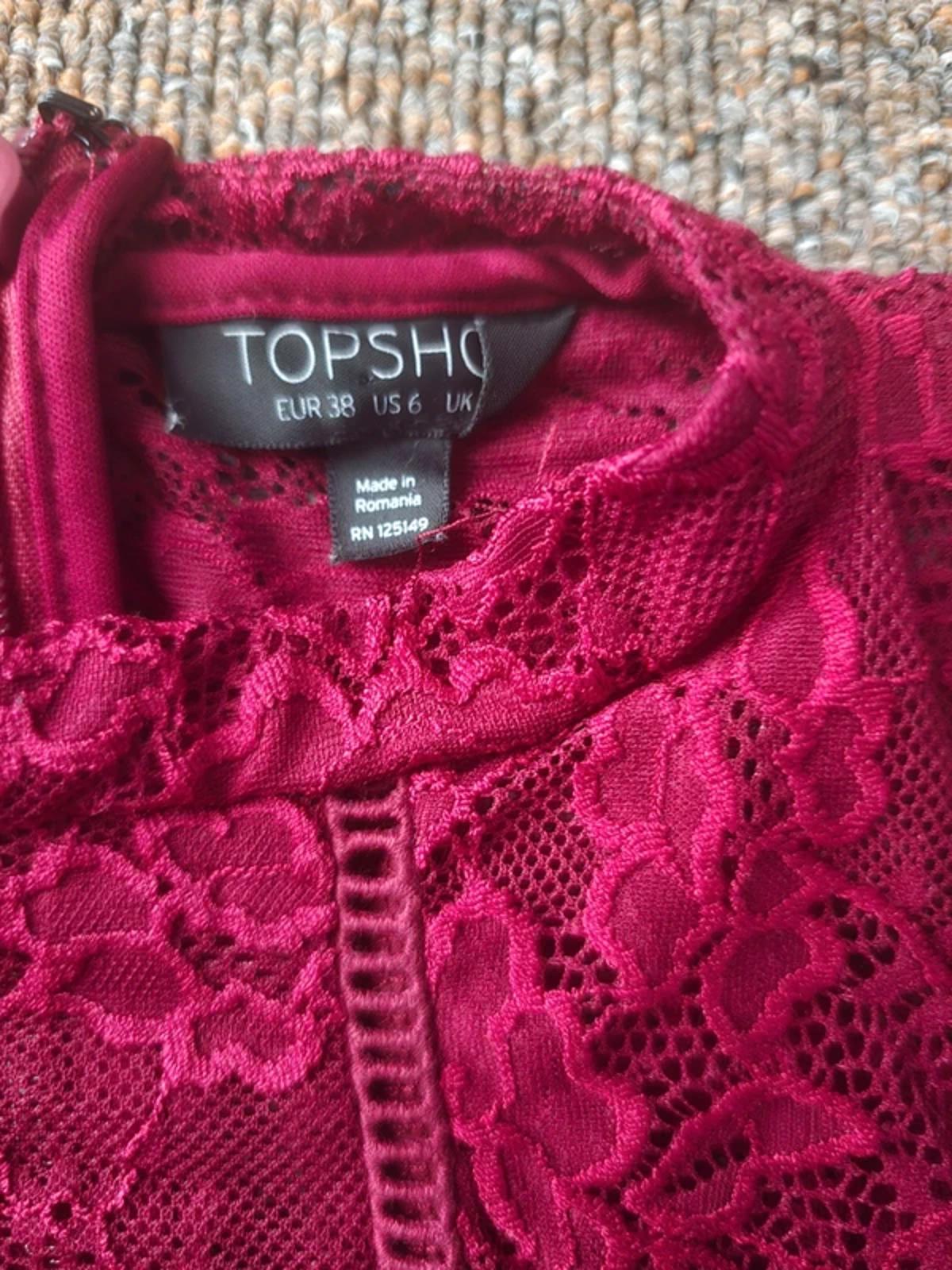 Topshop burgundy sleeveless lace mini dress with high neck, size 10, wedding