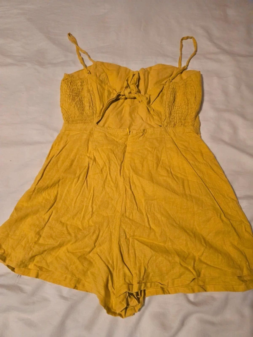 Berksha linen look yellow mustard strappy playsuit, romper, size S, tie back detail