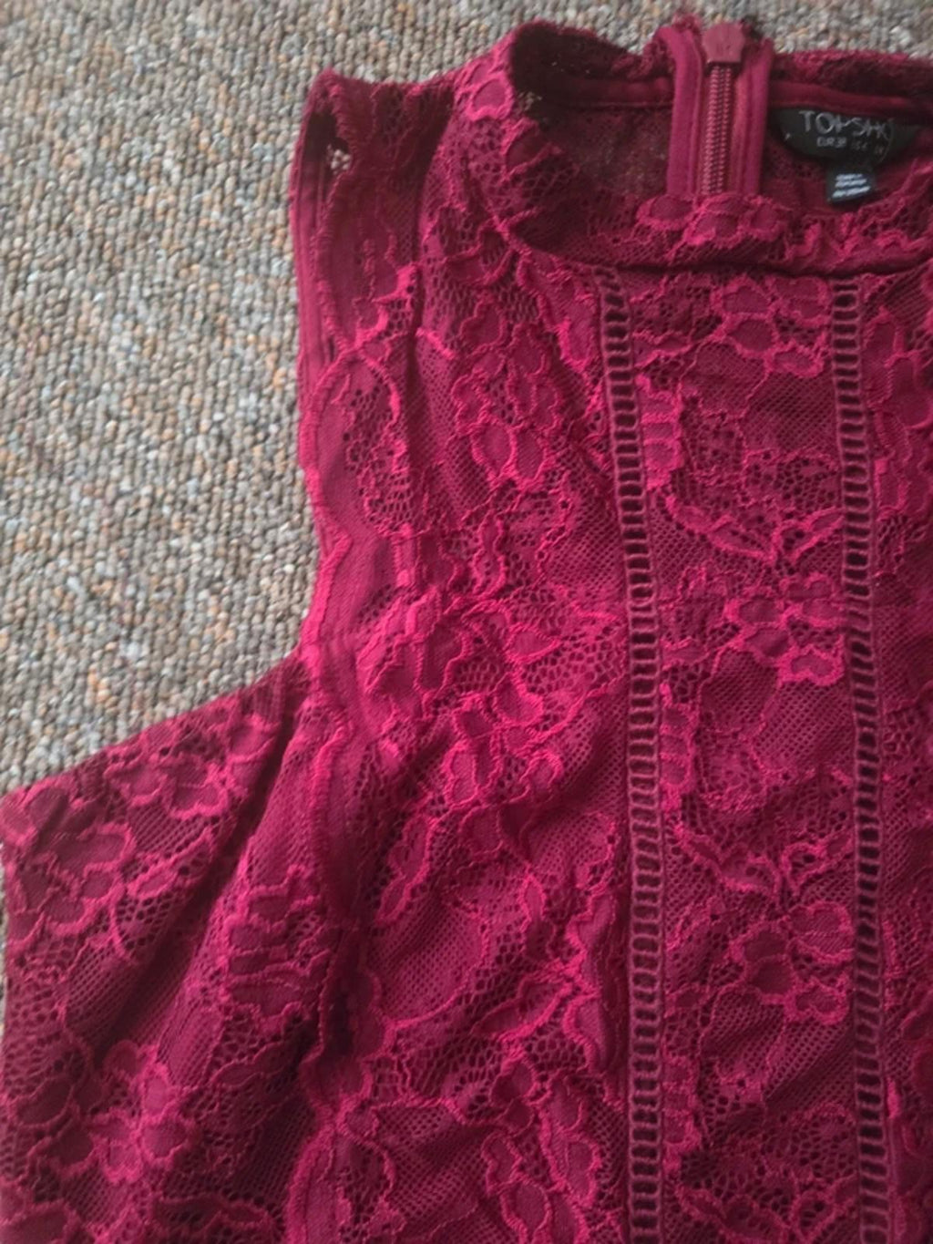 Topshop burgundy sleeveless lace mini dress with high neck, size 10, wedding