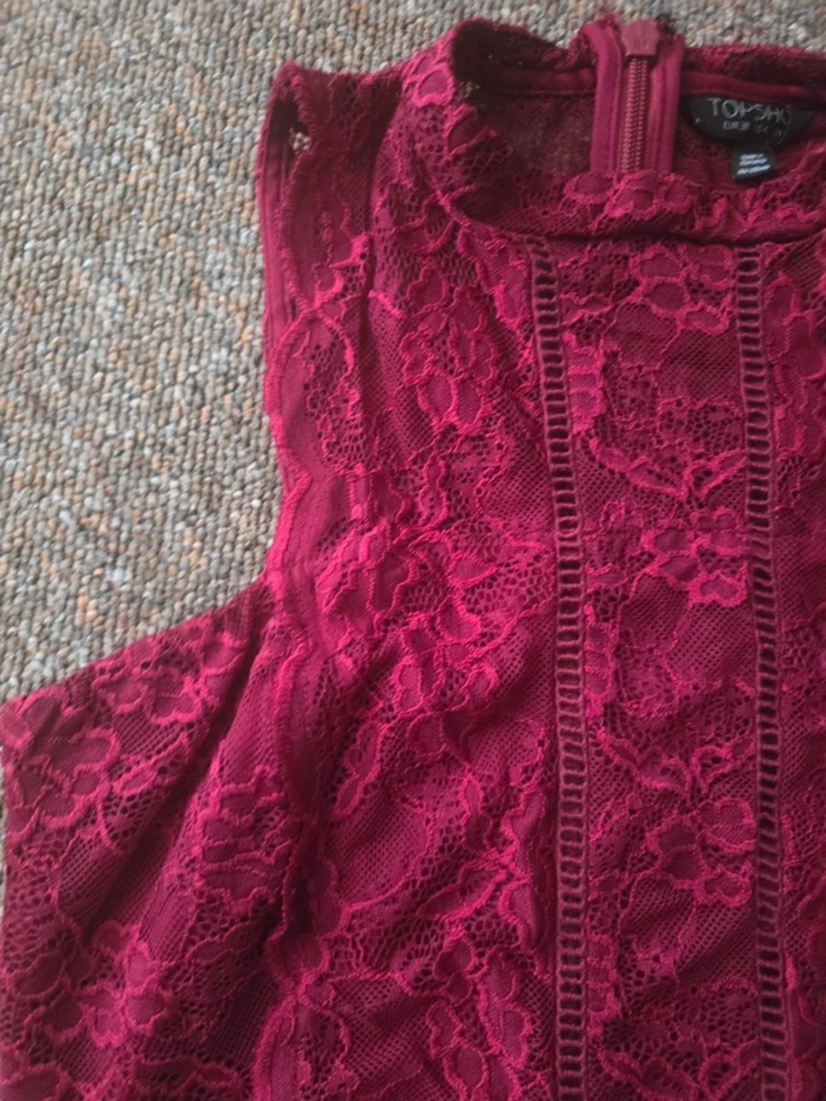 Topshop burgundy sleeveless lace mini dress with high neck, size 10, wedding