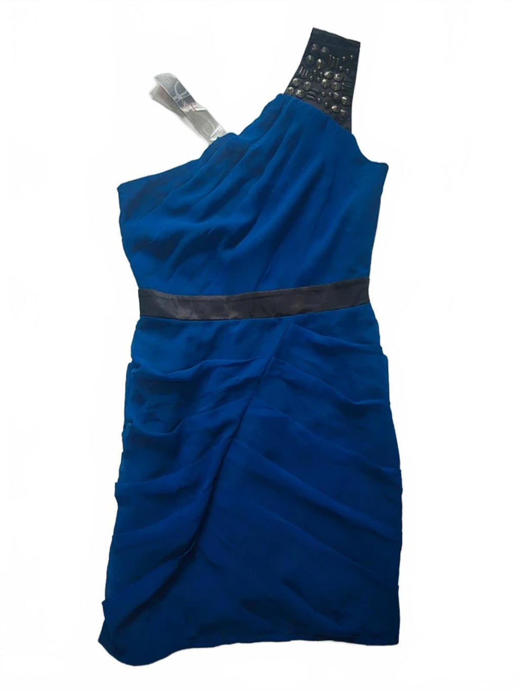 Lipsy Blue chiffon one shoulder mini dress, stud detailing, ruched, BNWT size 10