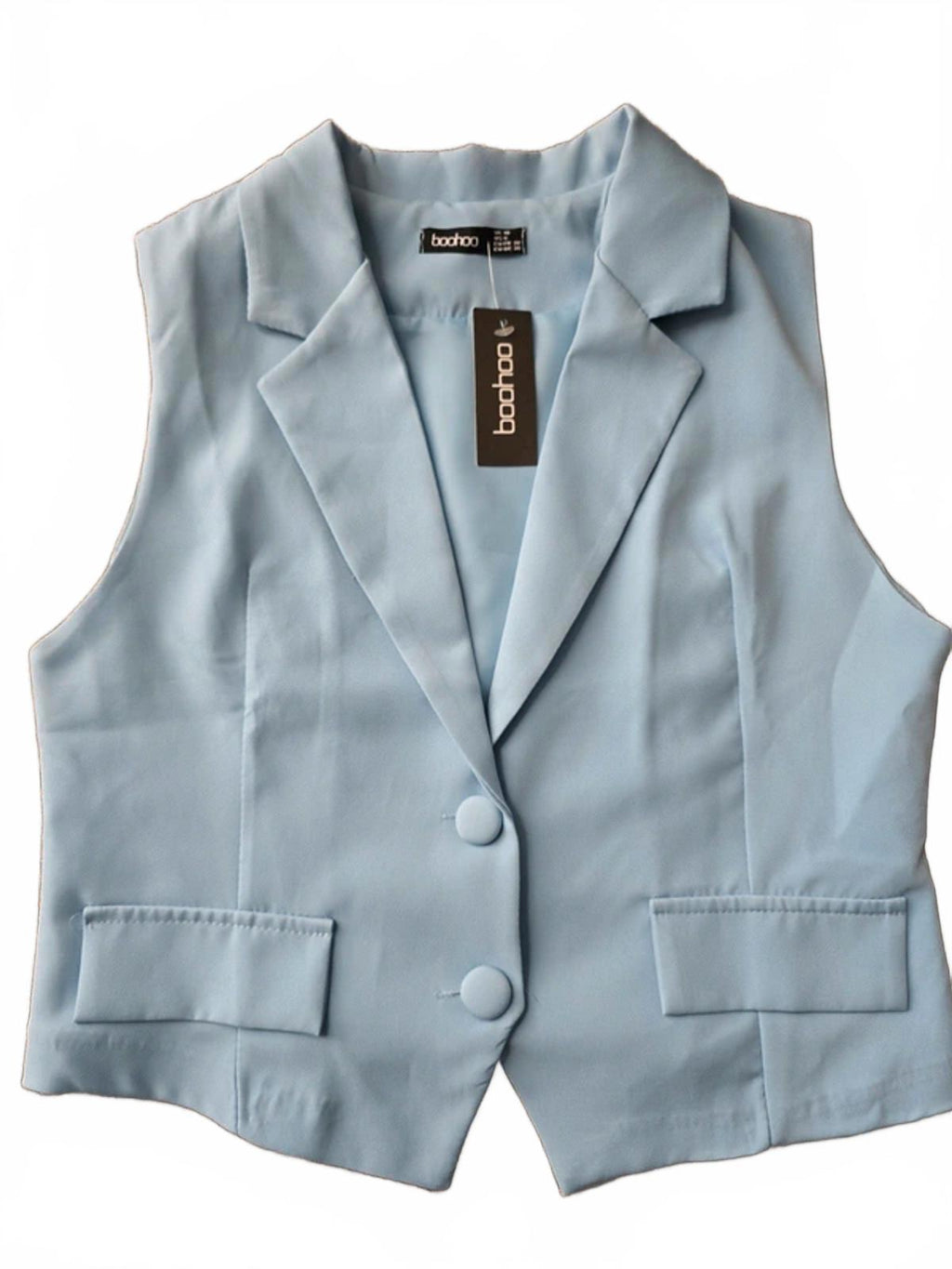 Boohoo BNWT, ladies pale blue fitted tailored sleeveless waistcoat, size 10