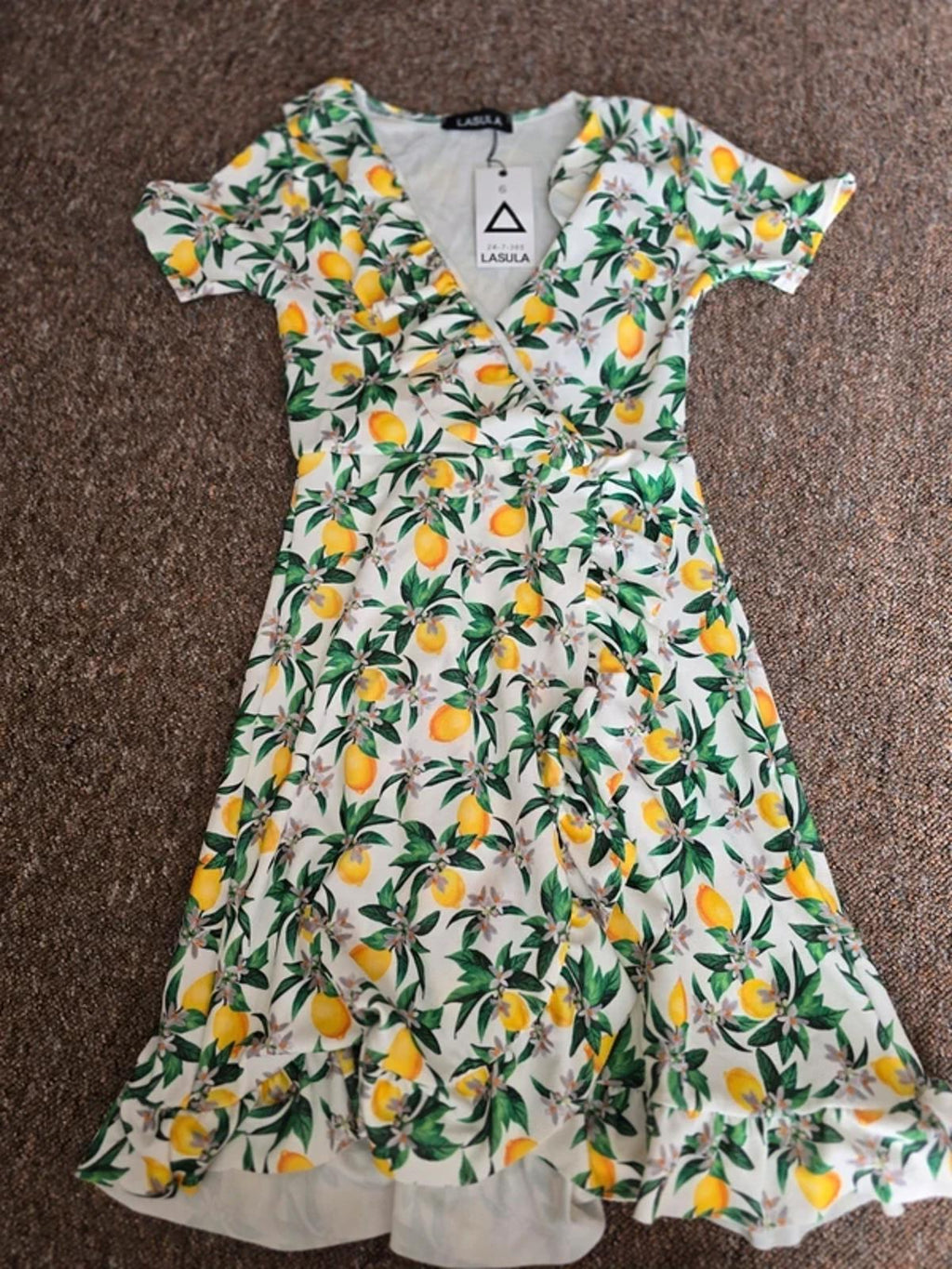 Lasula boutique lemon print mini dress, wrap style, ruffle detail, BNWT size 6
