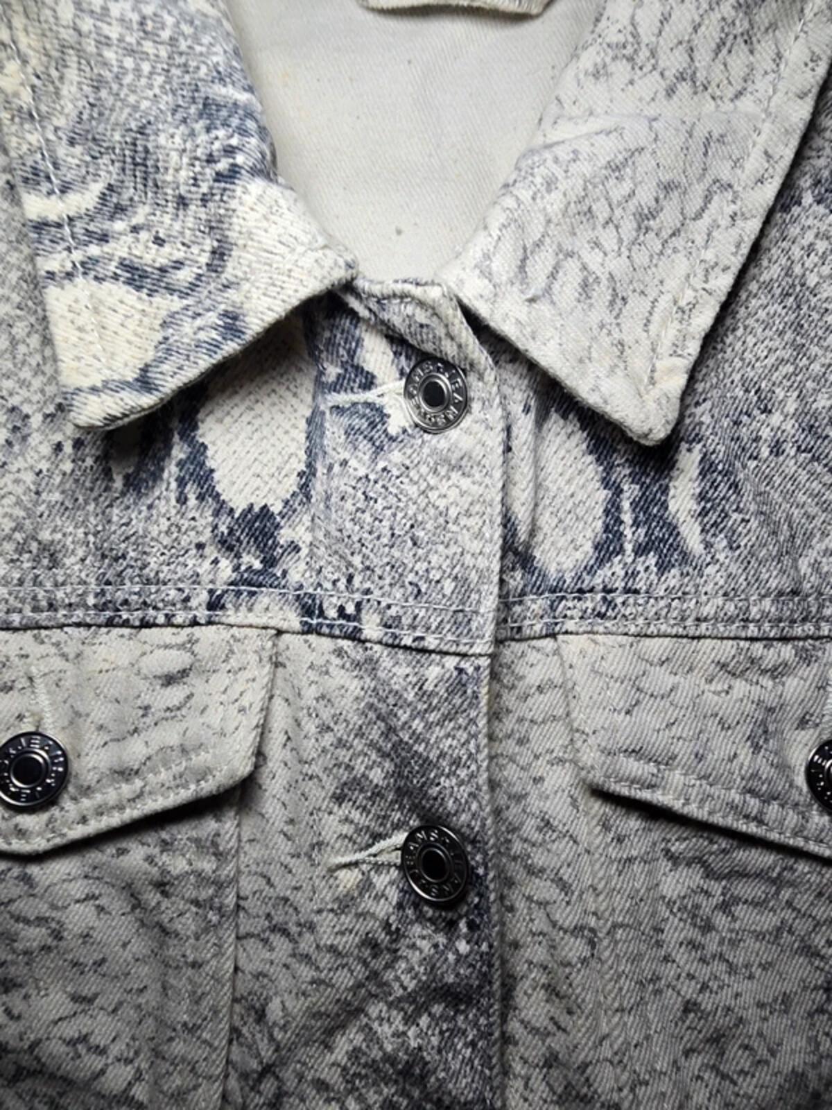 Grey Snakeskin Print Cropped Denim Jacket Raw Hem S, oversized, boxy, blogger