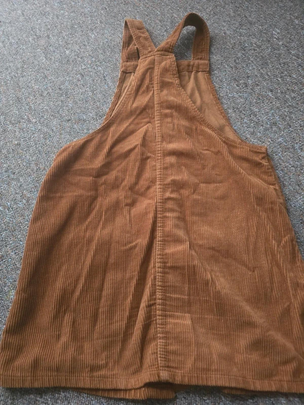 Corduroy brown/tan pinafore dress with button up front and pockets, size 10