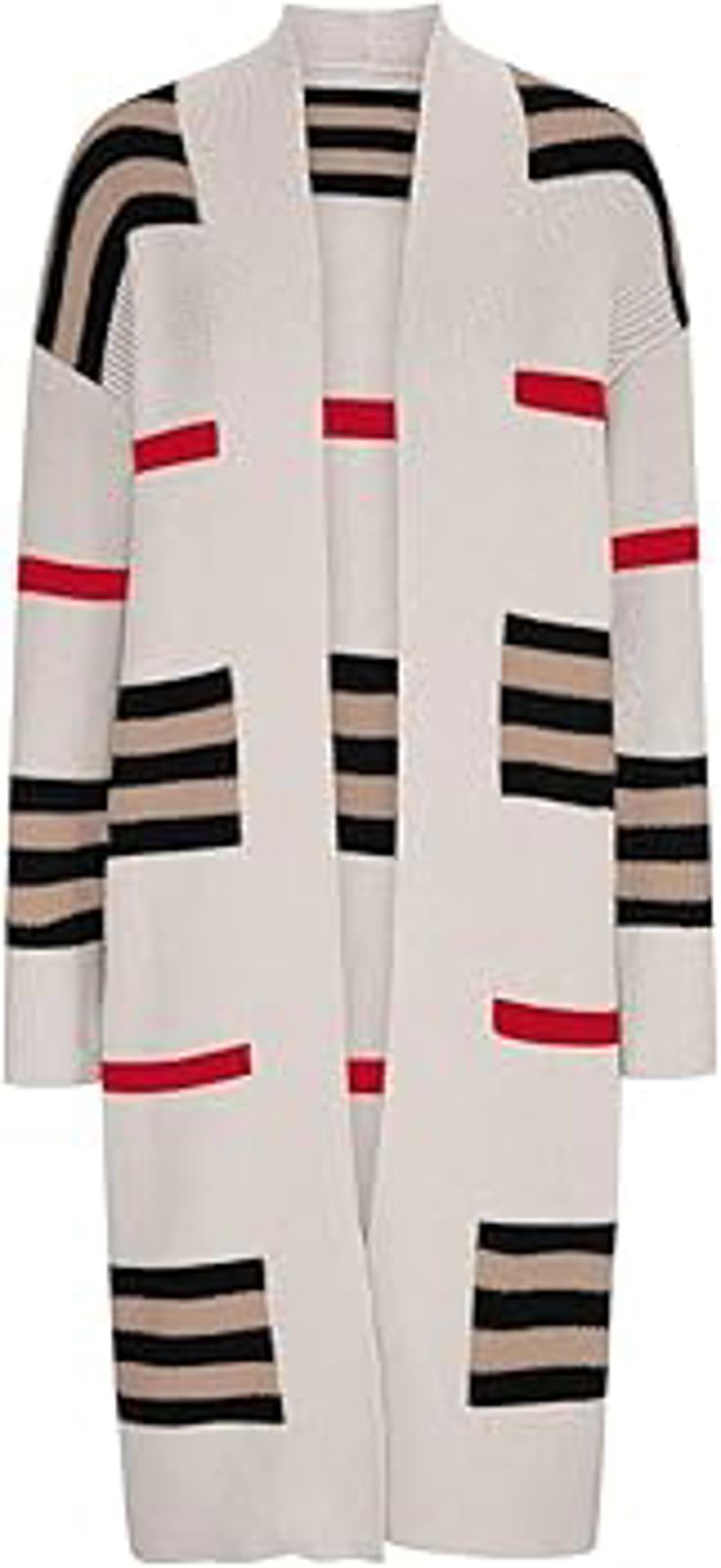 Designer Style Geometric Longline Knit Cardigan Open Front, One Size
