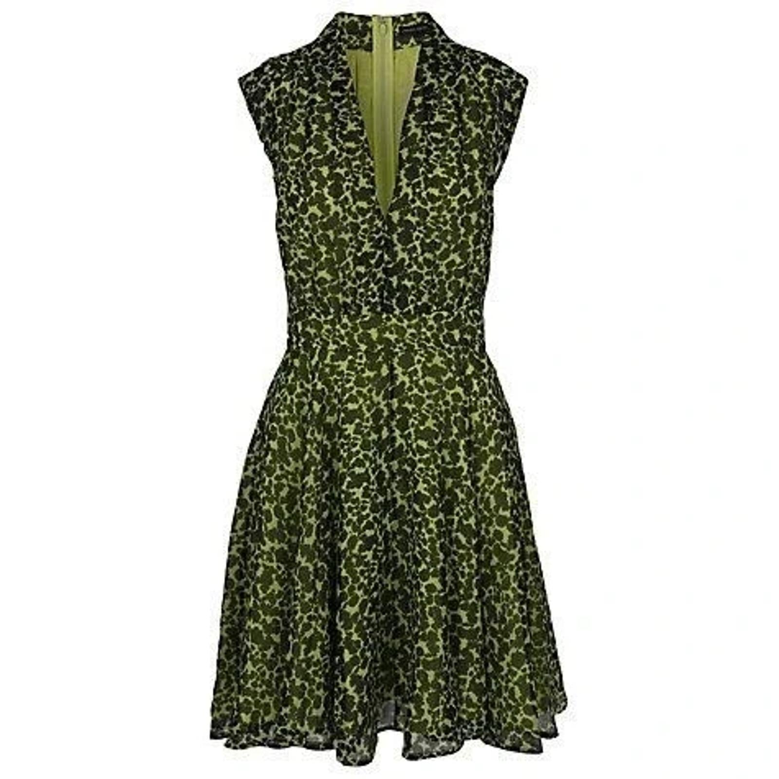 French Connection Feline Wonder A Line Dress, Size 10, Green Animal Print V Neck
