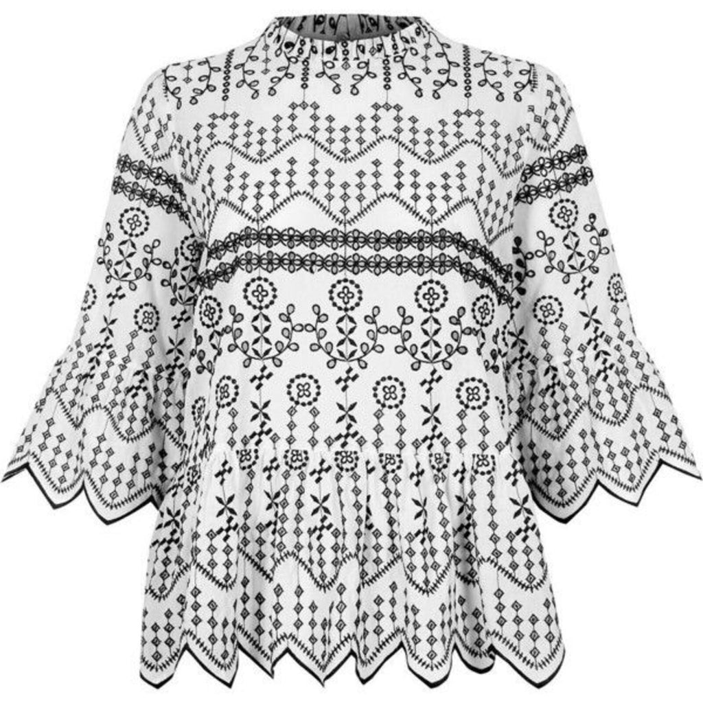 White and Black Embroidered Cotton Blouse with Scalloped Edges, River Island, 10