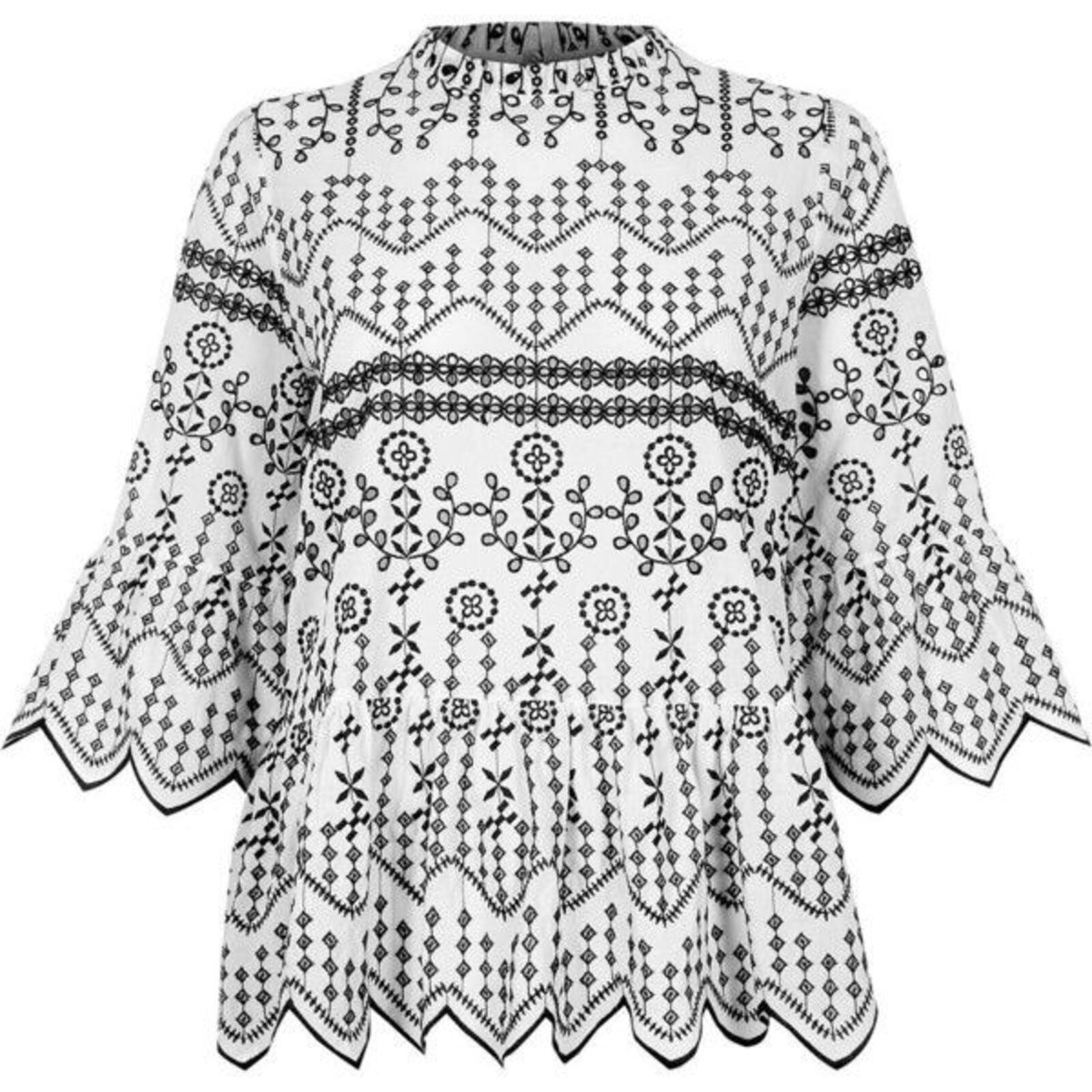 White and Black Embroidered Cotton Blouse with Scalloped Edges, River Island, 10
