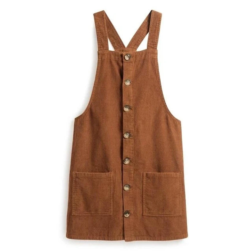 Corduroy brown/tan pinafore dress with button up front and pockets, size 10