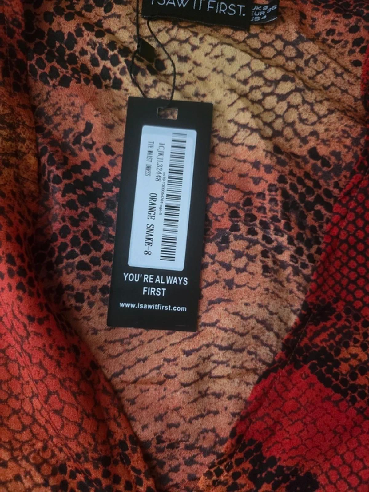 I Saw It First Sunset Snake Print Dress, Long Sleeve Front split, faux wrap, 8