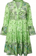 Green Paisley and Floral Print Long Sleeve Boho Paisley Dress, size L, summer