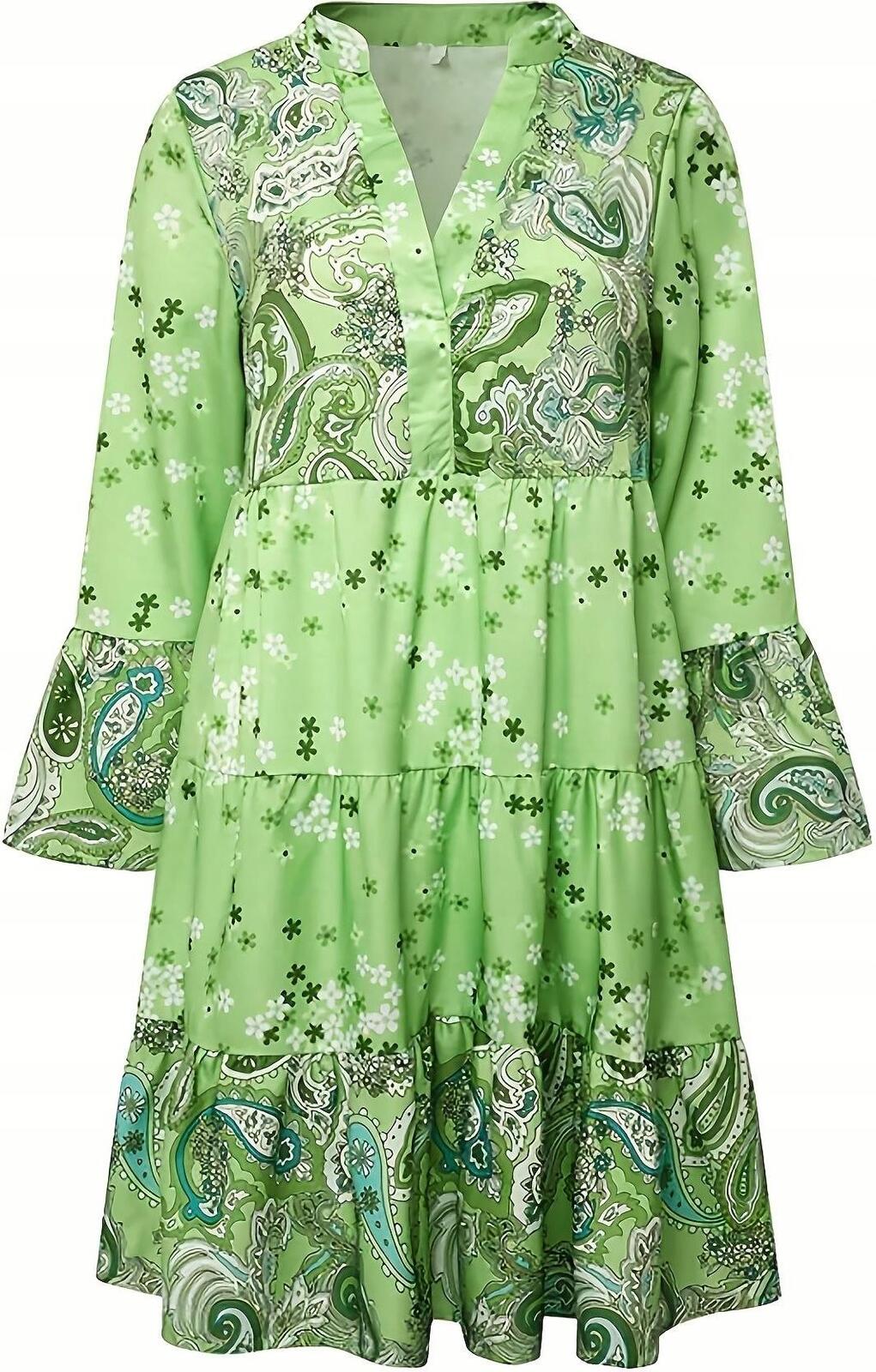 Green Paisley and Floral Print Long Sleeve Boho Paisley Dress, size L, summer