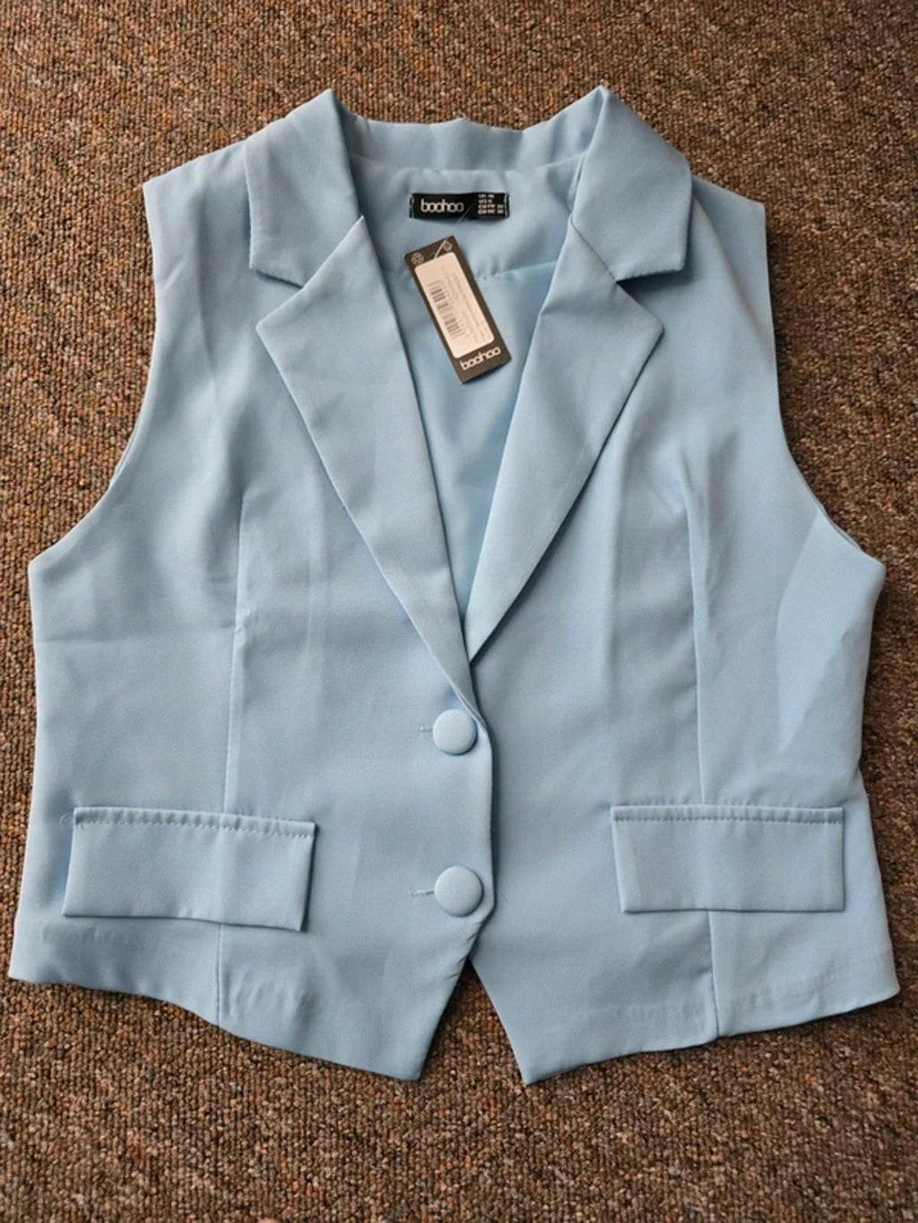 Boohoo BNWT, ladies pale blue fitted tailored sleeveless waistcoat, size 10