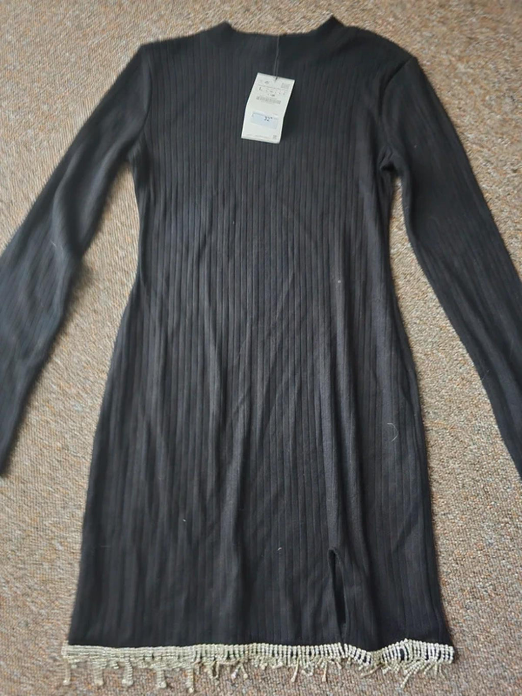 Zara Black diamante trim ribbed jumper knit dress, size L, BNWT