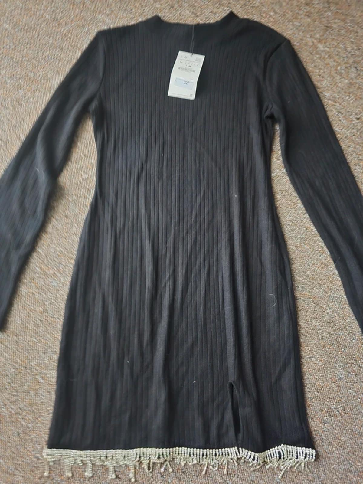 Zara Black diamante trim ribbed jumper knit dress, size L, BNWT