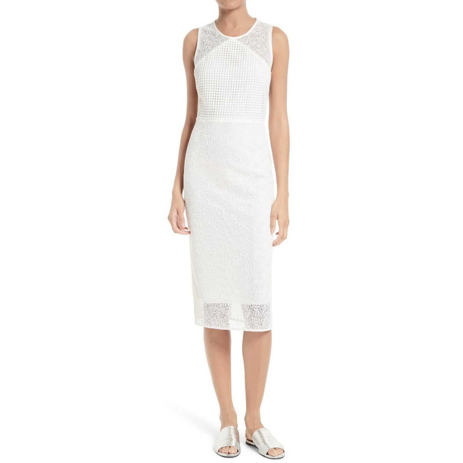 Diane von Furstenberg White Textured Lace Designer Sleeveless Midi Dress, Bridal