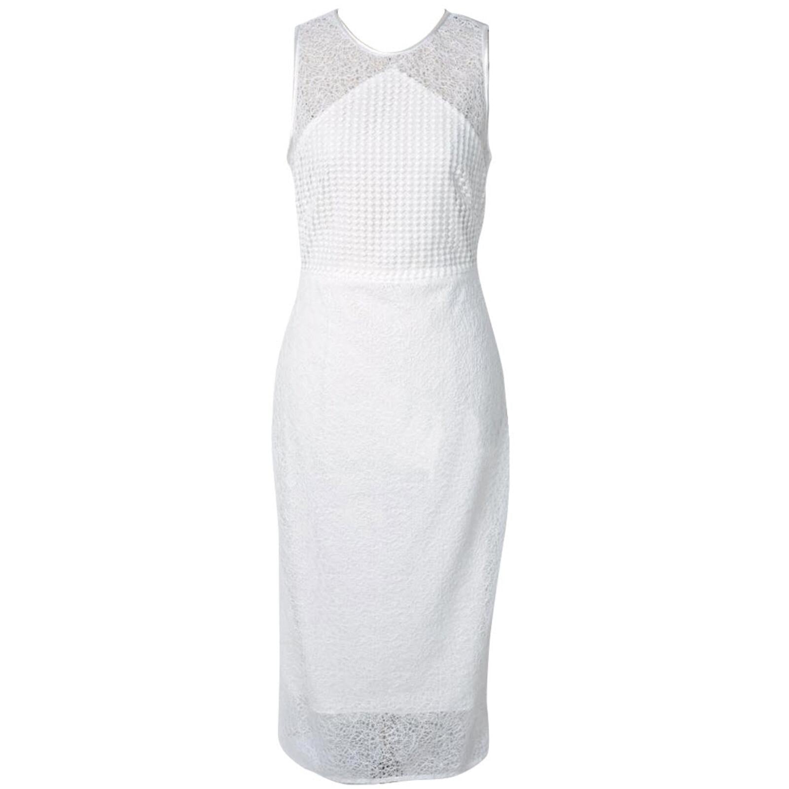 Diane von Furstenberg White Textured Lace Designer Sleeveless Midi Dress, Bridal